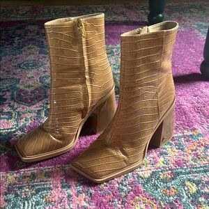 Tan Croc-Embossed Ankle Boots